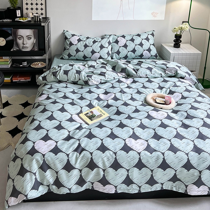 91家纺网 家纺一手货源 找家纺 窝米2023新款13370全棉四件套卡通简约款 爱心蓝