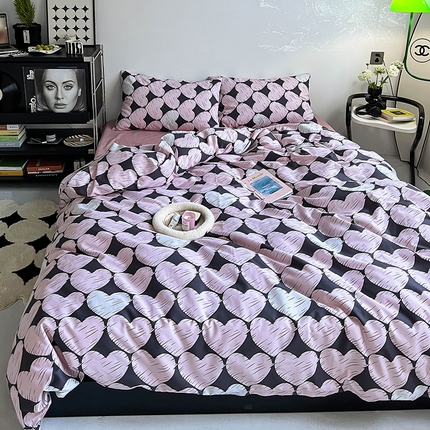 窝米2023新款13370全棉四件套卡通简约款 爱心粉