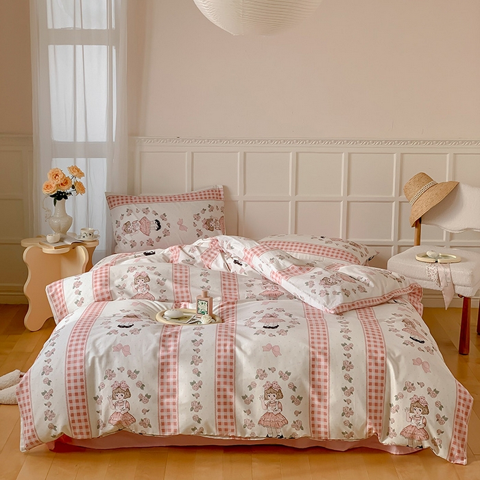 91家纺网 家纺一手货源 找家纺 窝米2023新款全棉13370四件套洛丽塔系列 萝莉粉