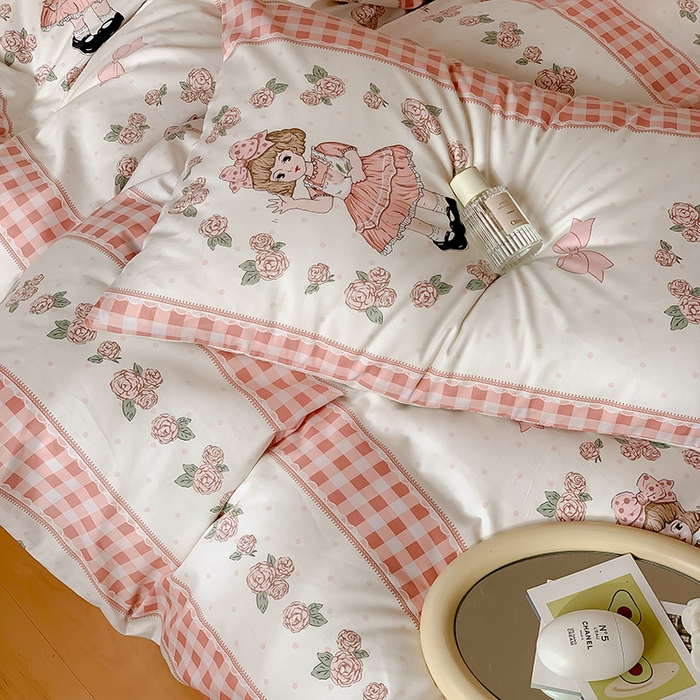 91家纺网 家纺一手货源 找家纺 窝米2023新款全棉13370四件套洛丽塔系列 萝莉粉