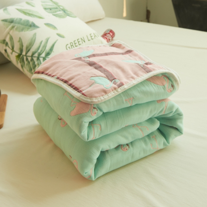 91家纺网 家纺一手货源 找家纺 朴尔家纺2023新款经典六层纱布全棉毛巾被系列-朴尔经典款常年备货 火烈鸟-浅蓝