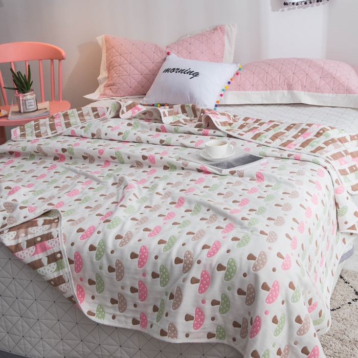 91家纺网 家纺一手货源 找家纺 朴尔家纺2023新款经典六层纱布全棉毛巾被系列-朴尔经典款常年备货 日式蘑菇