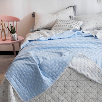 91家纺网 家纺一手货源 找家纺 朴尔家纺2023新款经典六层纱布全棉毛巾被系列-朴尔经典款常年备货 小波点-兰