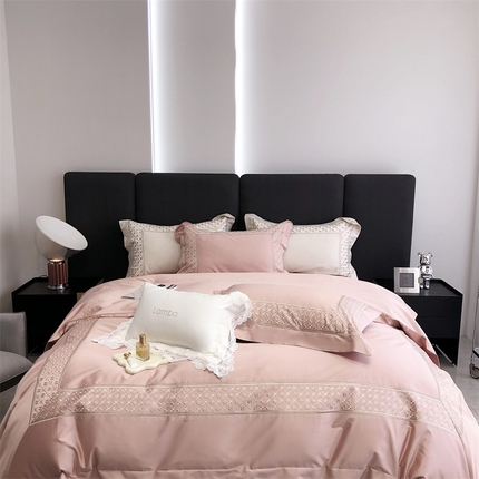 91家纺网 家纺一手货源 找家纺 （总）北辰 2023新款100支美棉刺绣高密刺绣+拼接 四件套-安琪尔