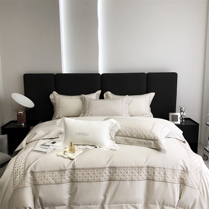 91家纺网 家纺一手货源 找家纺 （总）北辰 2023新款100支美棉刺绣高密刺绣+拼接 四件套-安琪尔