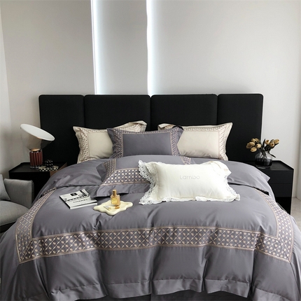 91家纺网 家纺一手货源 找家纺 北辰 2023新款100支美棉刺绣高密刺绣+拼接 四件套-安琪尔 安琪尔-炫灰