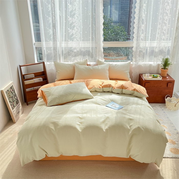 91家纺网 家纺一手货源 找家纺 蓝巢2023新款A版60支全棉华夫格B版40支全棉水洗棉四件套蜜格系列 华夫格奶白