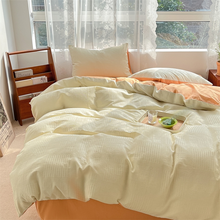 91家纺网 家纺一手货源 找家纺 蓝巢2023新款A版60支全棉华夫格B版40支全棉水洗棉四件套蜜格系列 华夫格奶白