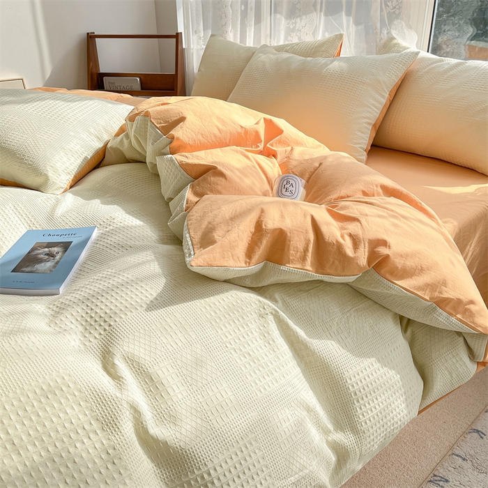 91家纺网 家纺一手货源 找家纺 蓝巢2023新款A版60支全棉华夫格B版40支全棉水洗棉四件套蜜格系列 华夫格奶白