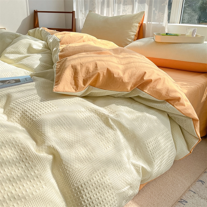 91家纺网 家纺一手货源 找家纺 蓝巢2023新款A版60支全棉华夫格B版40支全棉水洗棉四件套蜜格系列 华夫格奶白