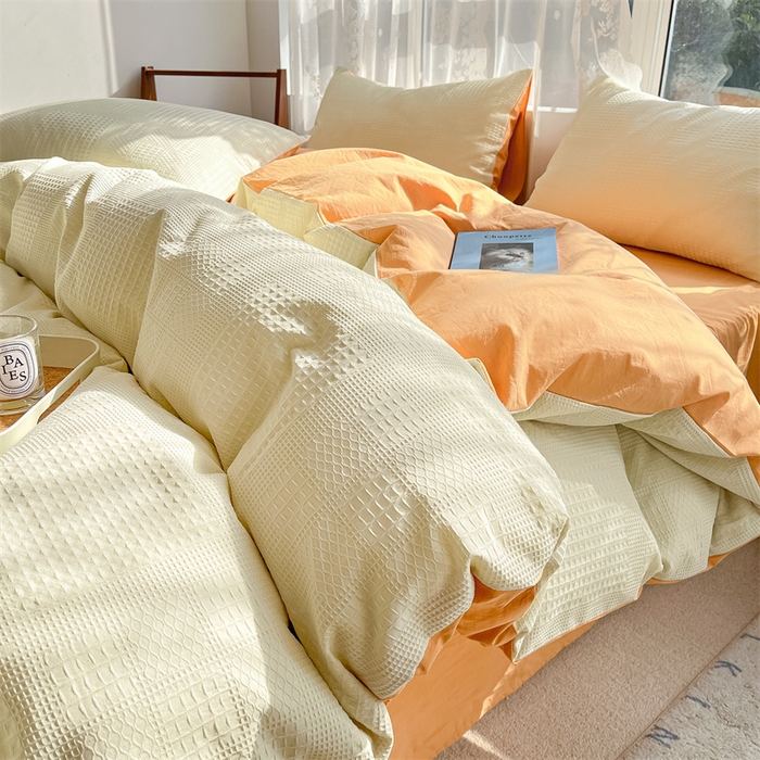 91家纺网 家纺一手货源 找家纺 蓝巢2023新款A版60支全棉华夫格B版40支全棉水洗棉四件套蜜格系列 华夫格奶白