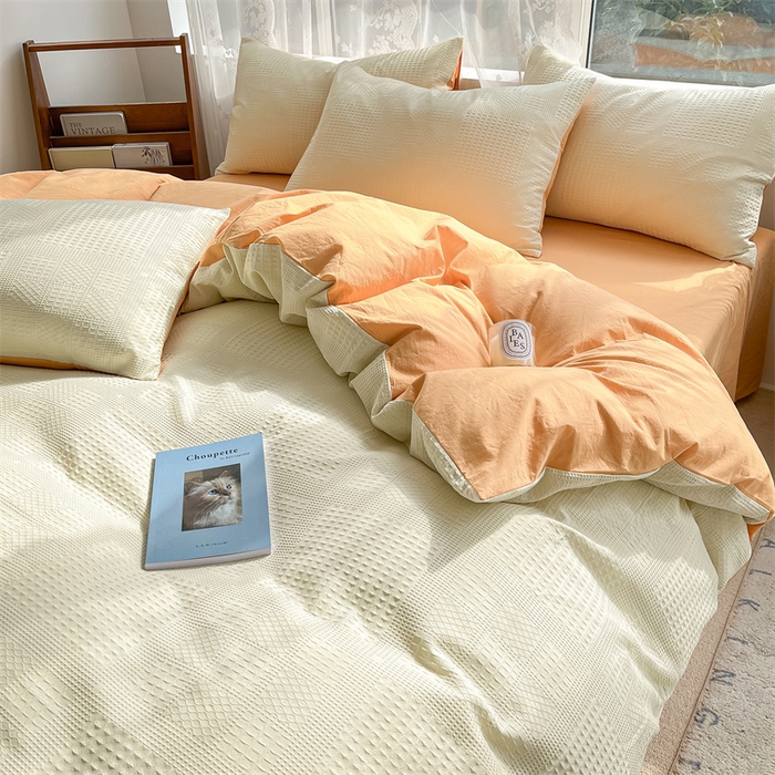 91家纺网 家纺一手货源 找家纺 蓝巢2023新款A版60支全棉华夫格B版40支全棉水洗棉四件套蜜格系列 华夫格奶白