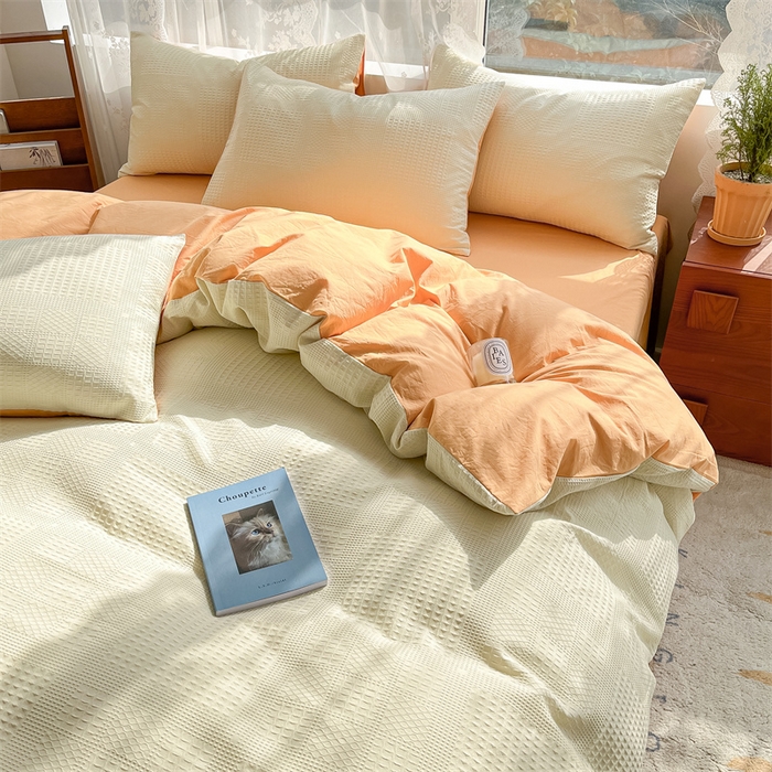 91家纺网 家纺一手货源 找家纺 蓝巢2023新款A版60支全棉华夫格B版40支全棉水洗棉四件套蜜格系列 华夫格奶白