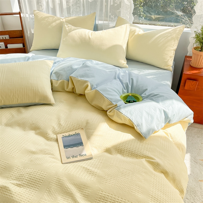 91家纺网 家纺一手货源 找家纺 蓝巢2023新款A版60支全棉华夫格B版40支全棉水洗棉四件套蜜格系列 华夫格奶黄