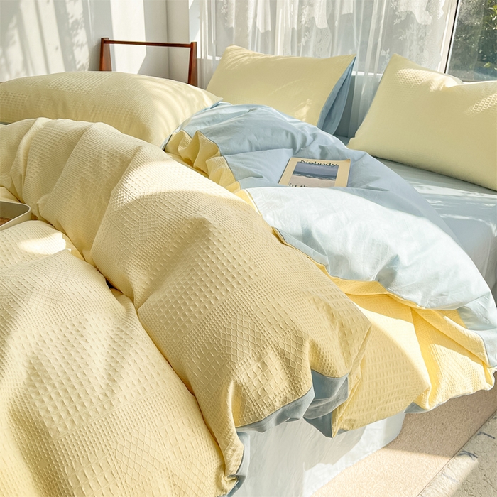 91家纺网 家纺一手货源 找家纺 蓝巢2023新款A版60支全棉华夫格B版40支全棉水洗棉四件套蜜格系列 华夫格奶黄