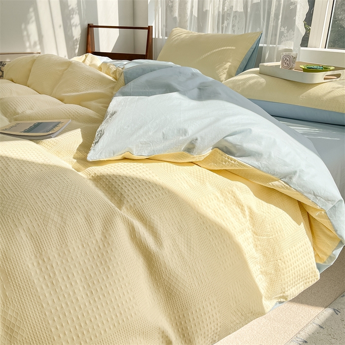 91家纺网 家纺一手货源 找家纺 蓝巢2023新款A版60支全棉华夫格B版40支全棉水洗棉四件套蜜格系列 华夫格奶黄