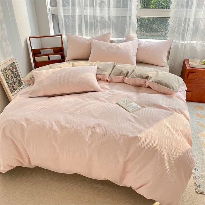 91家纺网 家纺一手货源 找家纺 蓝巢2023新款A版60支全棉华夫格B版40支全棉水洗棉四件套蜜格系列 华夫格浅粉