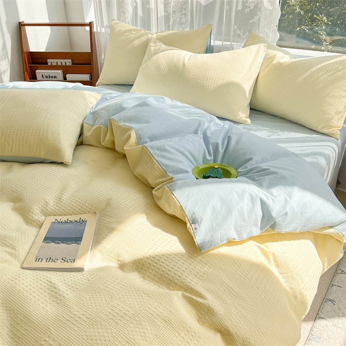 91家纺网 家纺一手货源 找家纺 蓝巢2023新款A版60支全棉华夫格B版40支全棉水洗棉四件套蜜格系列 华夫格奶黄