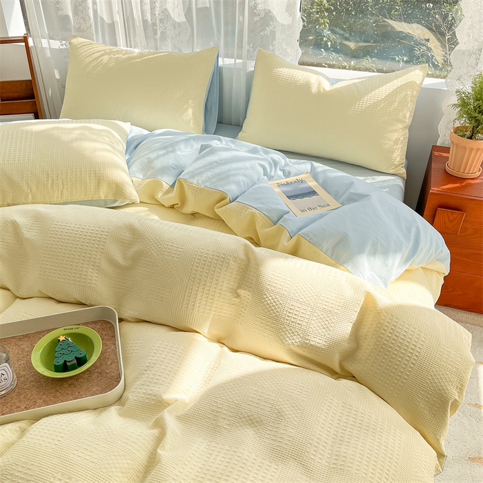 91家纺网 家纺一手货源 找家纺 蓝巢2023新款A版60支全棉华夫格B版40支全棉水洗棉四件套蜜格系列 华夫格奶黄