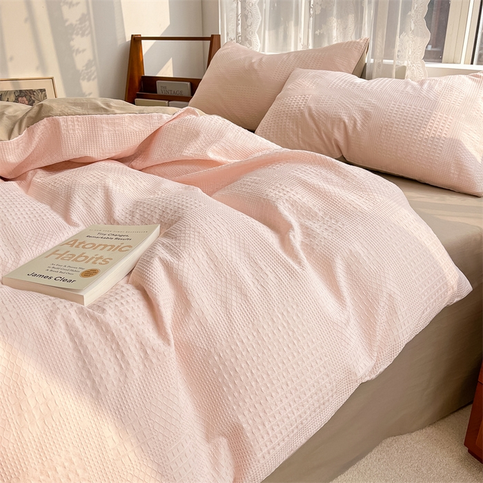 91家纺网 家纺一手货源 找家纺 蓝巢2023新款A版60支全棉华夫格B版40支全棉水洗棉四件套蜜格系列 华夫格浅粉