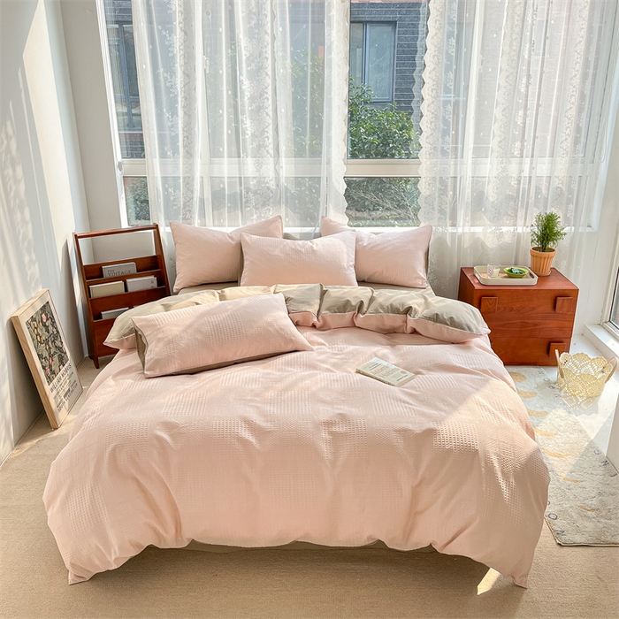 91家纺网 家纺一手货源 找家纺 蓝巢2023新款A版60支全棉华夫格B版40支全棉水洗棉四件套蜜格系列 华夫格浅粉