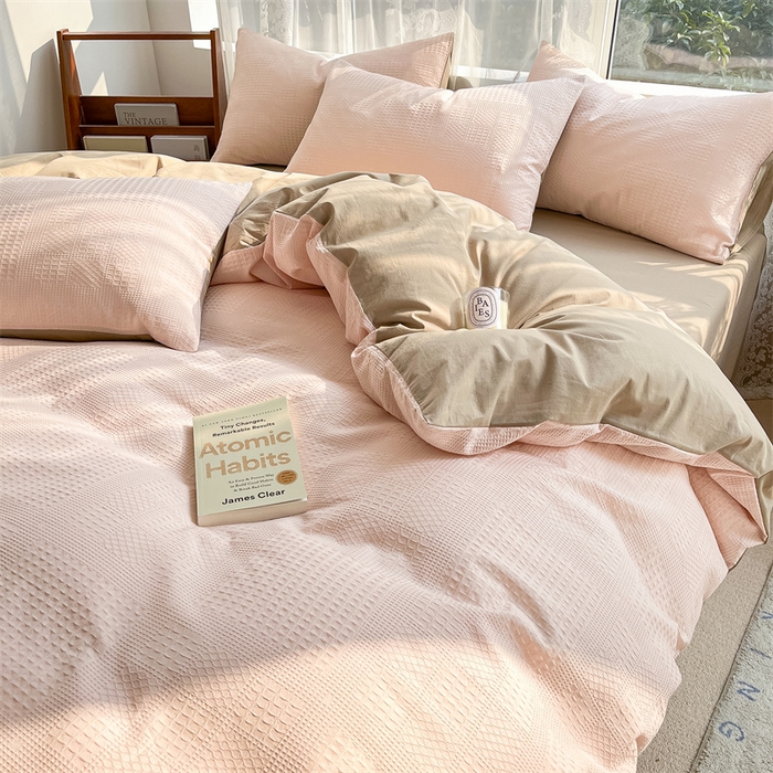 91家纺网 家纺一手货源 找家纺 蓝巢2023新款A版60支全棉华夫格B版40支全棉水洗棉四件套蜜格系列 华夫格浅粉