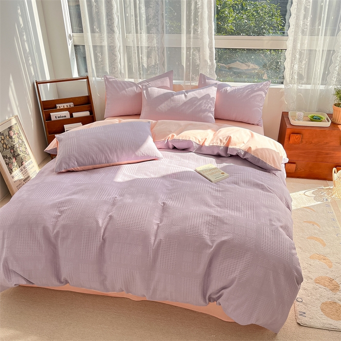 91家纺网 家纺一手货源 找家纺 蓝巢2023新款A版60支全棉华夫格B版40支全棉水洗棉四件套蜜格系列 华夫格浅紫