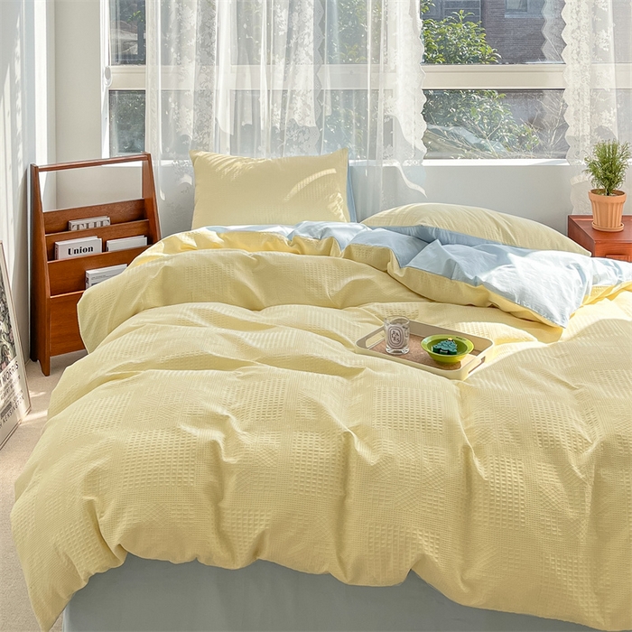 91家纺网 家纺一手货源 找家纺 蓝巢2023新款A版60支全棉华夫格B版40支全棉水洗棉四件套蜜格系列 华夫格奶黄