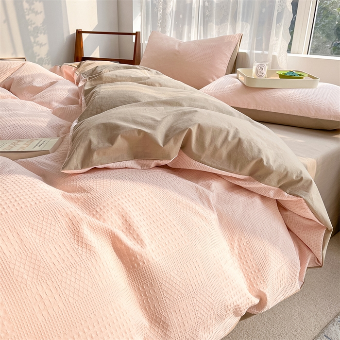 91家纺网 家纺一手货源 找家纺 蓝巢2023新款A版60支全棉华夫格B版40支全棉水洗棉四件套蜜格系列 华夫格浅粉