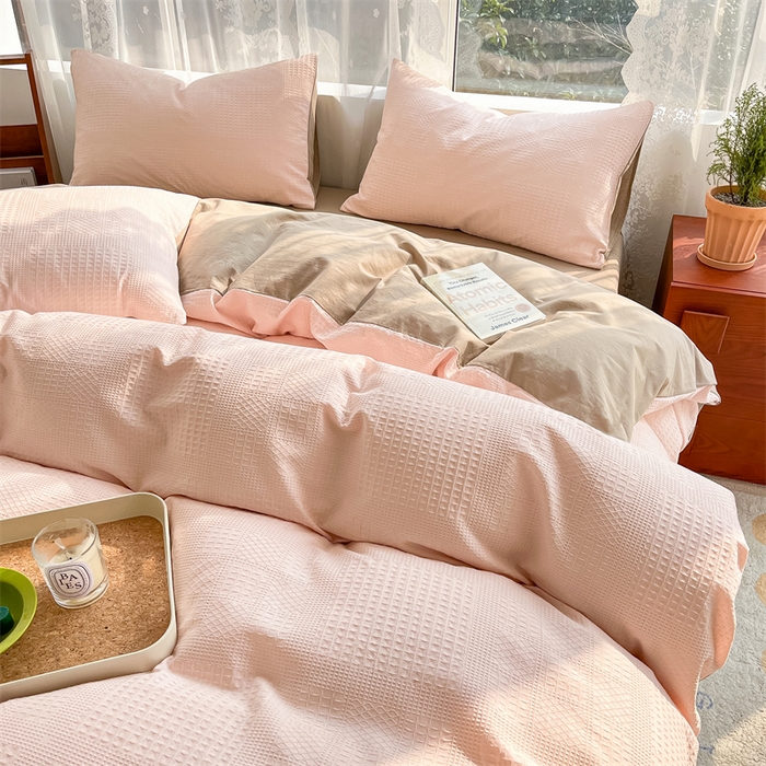 91家纺网 家纺一手货源 找家纺 蓝巢2023新款A版60支全棉华夫格B版40支全棉水洗棉四件套蜜格系列 华夫格浅粉