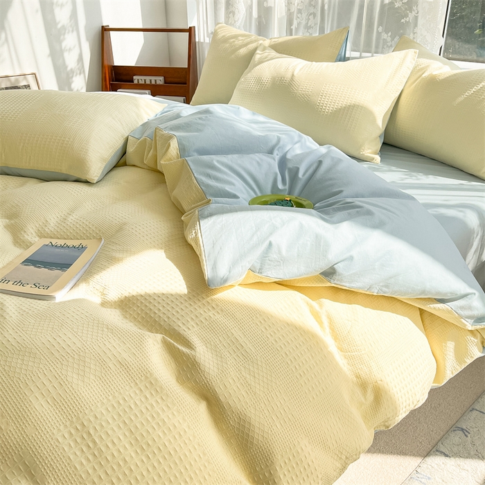 91家纺网 家纺一手货源 找家纺 蓝巢2023新款A版60支全棉华夫格B版40支全棉水洗棉四件套蜜格系列 华夫格奶黄