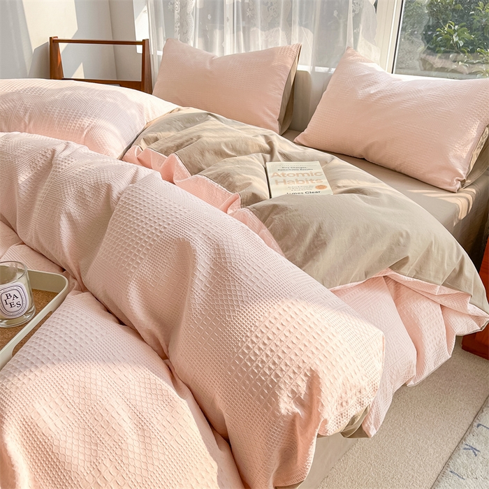 91家纺网 家纺一手货源 找家纺 蓝巢2023新款A版60支全棉华夫格B版40支全棉水洗棉四件套蜜格系列 华夫格浅粉