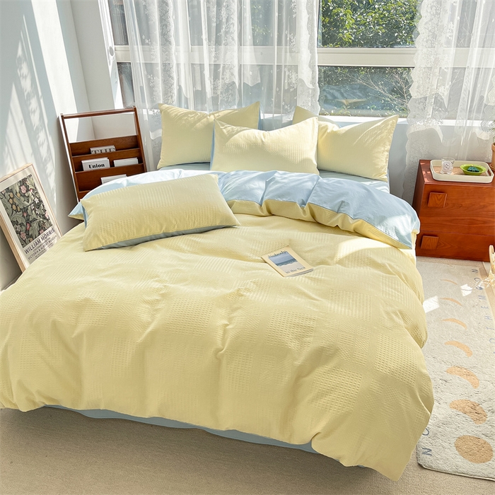 91家纺网 家纺一手货源 找家纺 蓝巢2023新款A版60支全棉华夫格B版40支全棉水洗棉四件套蜜格系列 华夫格奶黄