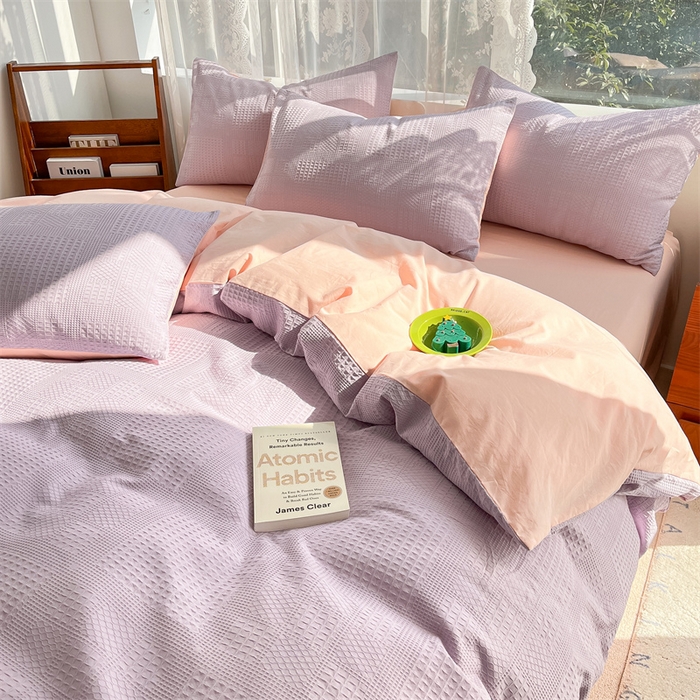 91家纺网 家纺一手货源 找家纺 蓝巢2023新款A版60支全棉华夫格B版40支全棉水洗棉四件套蜜格系列 华夫格浅紫