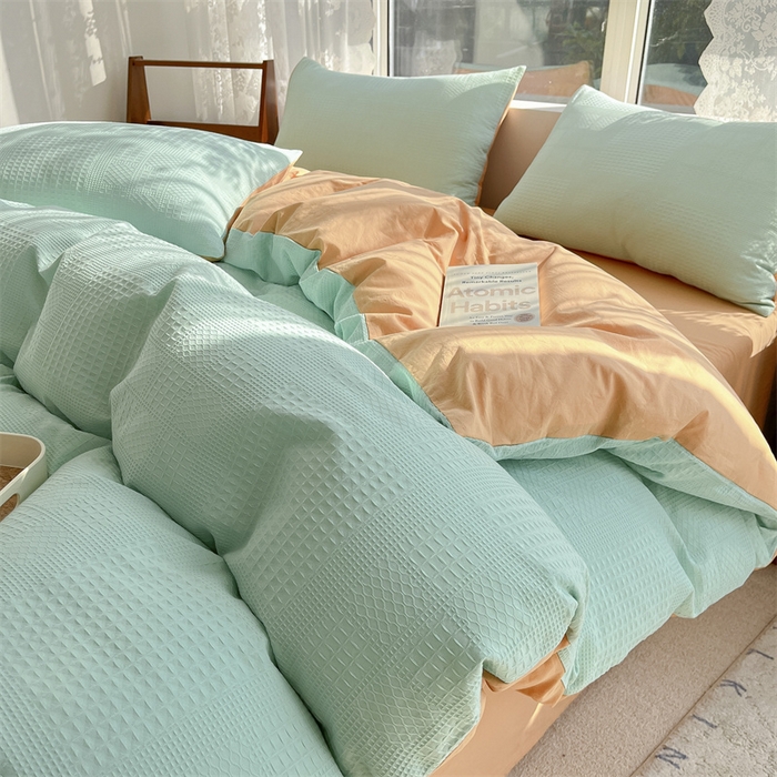 91家纺网 家纺一手货源 找家纺 蓝巢2023新款A版60支全棉华夫格B版40支全棉水洗棉四件套蜜格系列 华夫格水绿