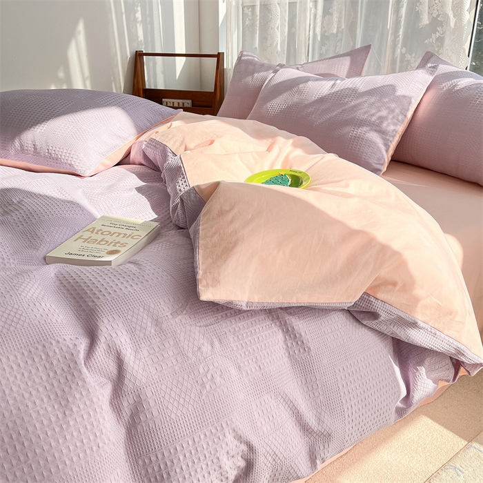 91家纺网 家纺一手货源 找家纺 蓝巢2023新款A版60支全棉华夫格B版40支全棉水洗棉四件套蜜格系列 华夫格浅紫