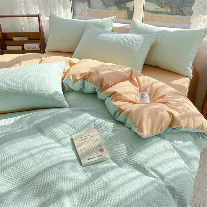 91家纺网 家纺一手货源 找家纺 蓝巢2023新款A版60支全棉华夫格B版40支全棉水洗棉四件套蜜格系列 华夫格水绿