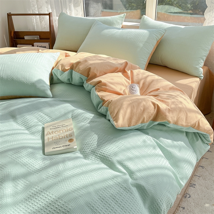 91家纺网 家纺一手货源 找家纺 蓝巢2023新款A版60支全棉华夫格B版40支全棉水洗棉四件套蜜格系列 华夫格水绿