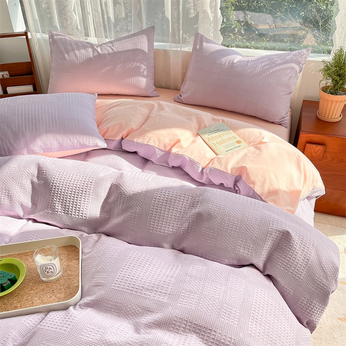 91家纺网 家纺一手货源 找家纺 蓝巢2023新款A版60支全棉华夫格B版40支全棉水洗棉四件套蜜格系列 华夫格浅紫