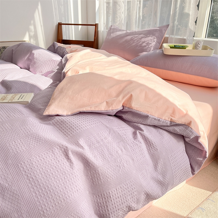 91家纺网 家纺一手货源 找家纺 蓝巢2023新款A版60支全棉华夫格B版40支全棉水洗棉四件套蜜格系列 华夫格浅紫