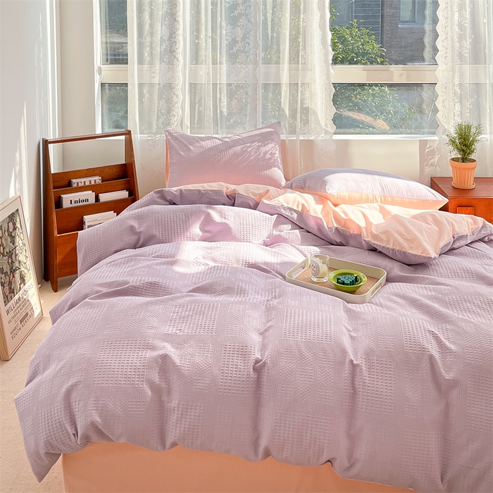 91家纺网 家纺一手货源 找家纺 蓝巢2023新款A版60支全棉华夫格B版40支全棉水洗棉四件套蜜格系列 华夫格浅紫