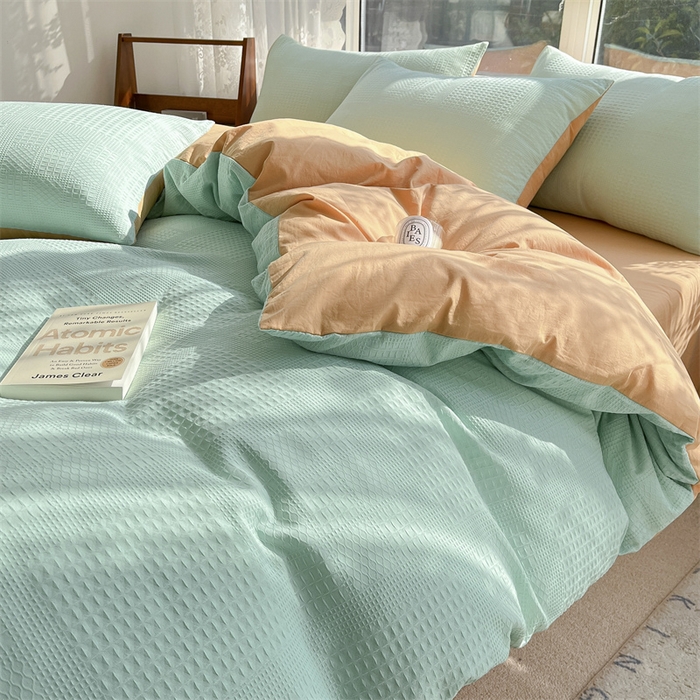 91家纺网 家纺一手货源 找家纺 蓝巢2023新款A版60支全棉华夫格B版40支全棉水洗棉四件套蜜格系列 华夫格水绿