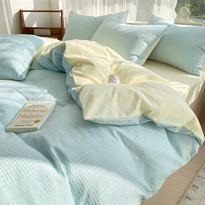 91家纺网 家纺一手货源 找家纺 蓝巢2023新款A版60支全棉华夫格B版40支全棉水洗棉四件套蜜格系列 华夫格天空蓝