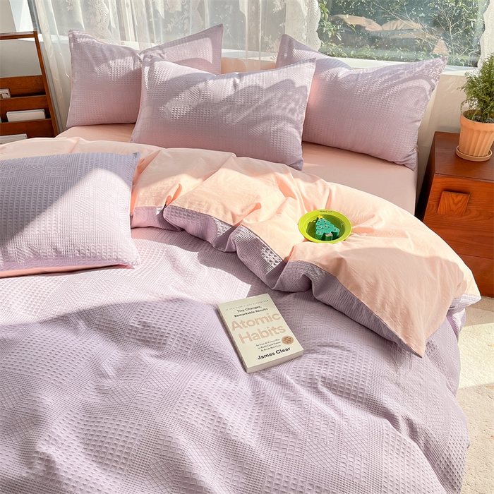 91家纺网 家纺一手货源 找家纺 蓝巢2023新款A版60支全棉华夫格B版40支全棉水洗棉四件套蜜格系列 华夫格浅紫