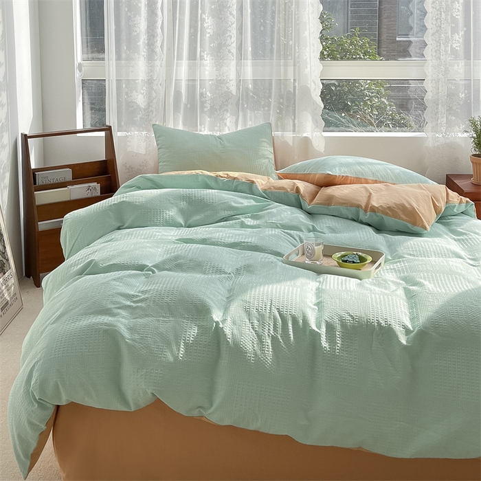 91家纺网 家纺一手货源 找家纺 蓝巢2023新款A版60支全棉华夫格B版40支全棉水洗棉四件套蜜格系列 华夫格水绿