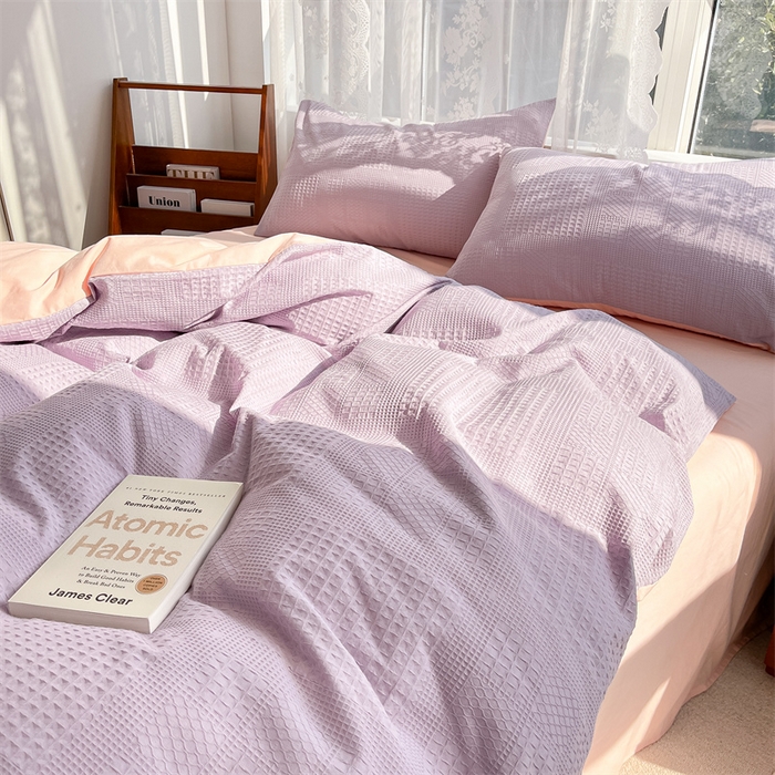 91家纺网 家纺一手货源 找家纺 蓝巢2023新款A版60支全棉华夫格B版40支全棉水洗棉四件套蜜格系列 华夫格浅紫