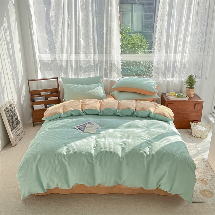 91家纺网 家纺一手货源 找家纺 蓝巢2023新款A版60支全棉华夫格B版40支全棉水洗棉四件套蜜格系列 华夫格水绿