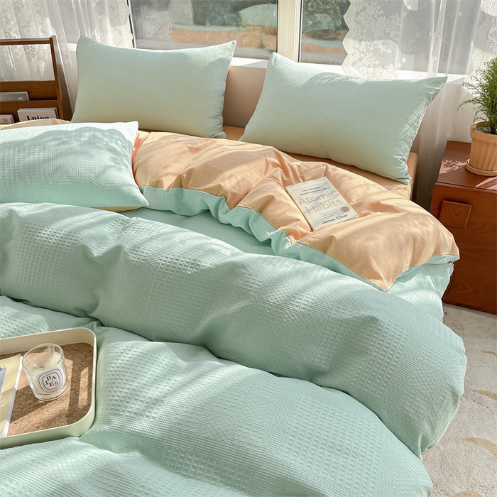 91家纺网 家纺一手货源 找家纺 蓝巢2023新款A版60支全棉华夫格B版40支全棉水洗棉四件套蜜格系列 华夫格水绿