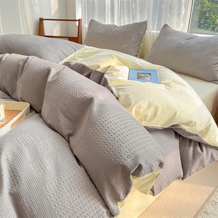 91家纺网 家纺一手货源 找家纺 蓝巢2023新款A版60支全棉华夫格B版40支全棉水洗棉四件套蜜格系列 华夫格中灰