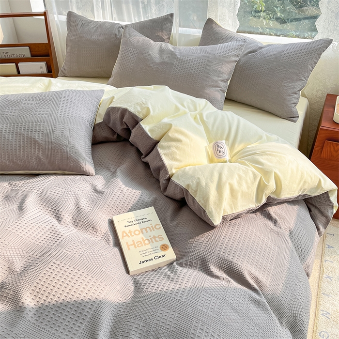 91家纺网 家纺一手货源 找家纺 蓝巢2023新款A版60支全棉华夫格B版40支全棉水洗棉四件套蜜格系列 华夫格中灰